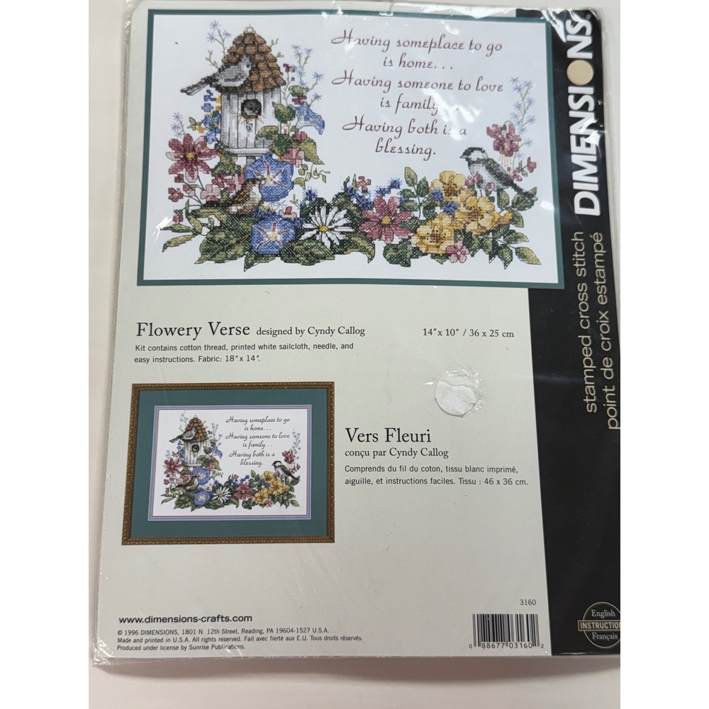 Vintage Flowery Verse Stamped Cross Stitch Kit by Cyndy Callog Birds Flowers